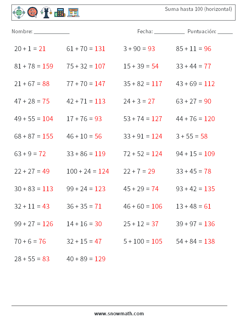 (50) Suma hasta 100 (horizontal) Hojas de trabajo de matemáticas 5 Pregunta, respuesta