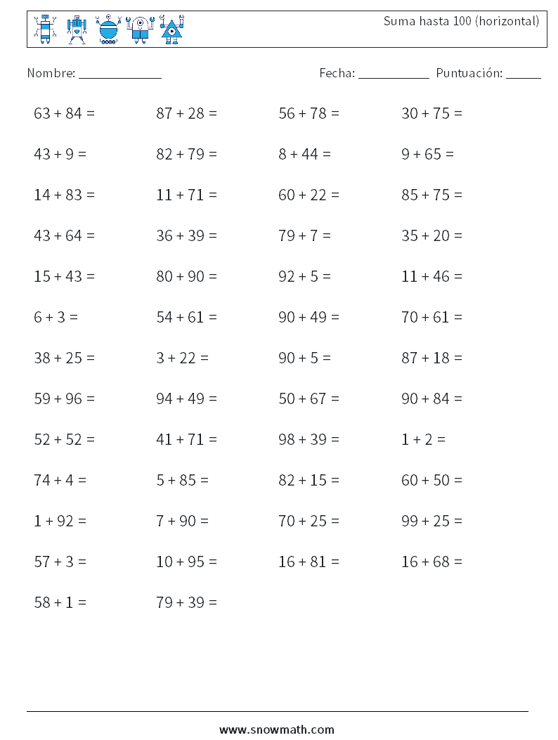 (50) Suma hasta 100 (horizontal) Hojas de trabajo de matemáticas 6