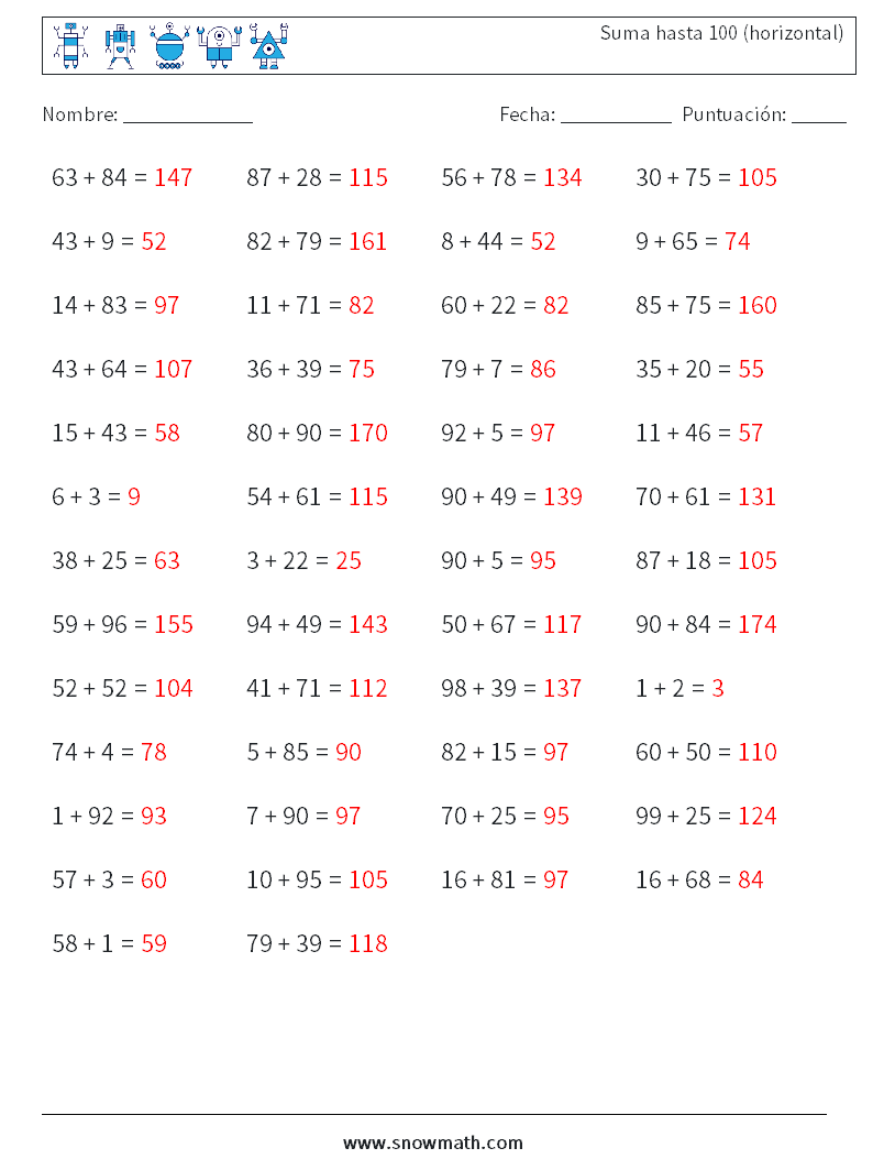 (50) Suma hasta 100 (horizontal) Hojas de trabajo de matemáticas 6 Pregunta, respuesta