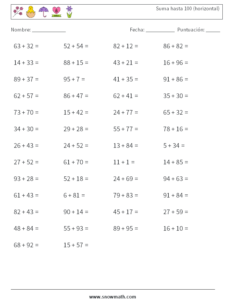 (50) Suma hasta 100 (horizontal) Hojas de trabajo de matemáticas 7