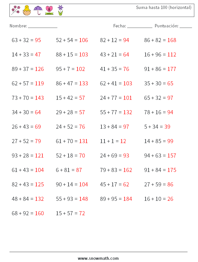 (50) Suma hasta 100 (horizontal) Hojas de trabajo de matemáticas 7 Pregunta, respuesta