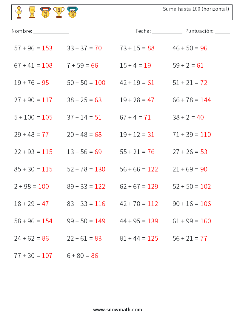 (50) Suma hasta 100 (horizontal) Hojas de trabajo de matemáticas 9 Pregunta, respuesta
