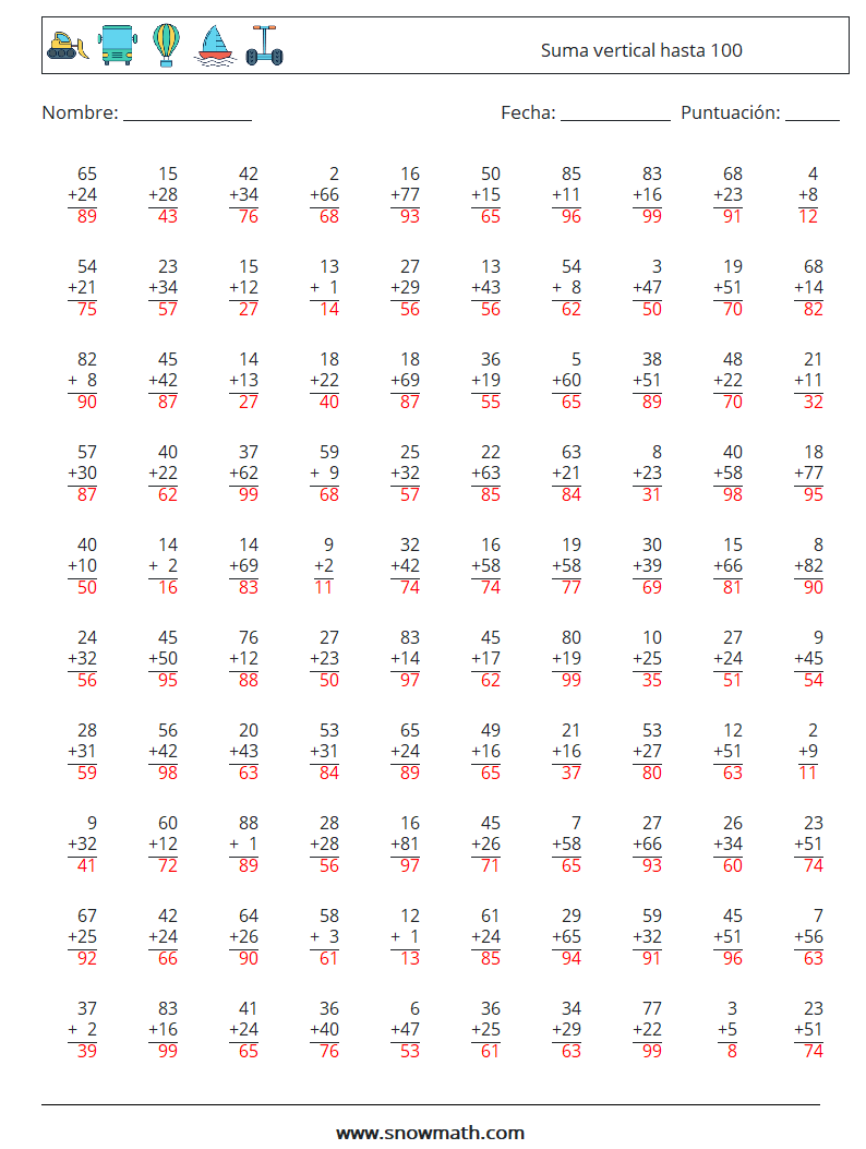 (100) Suma vertical hasta 100 Hojas de trabajo de matemáticas 11 Pregunta, respuesta