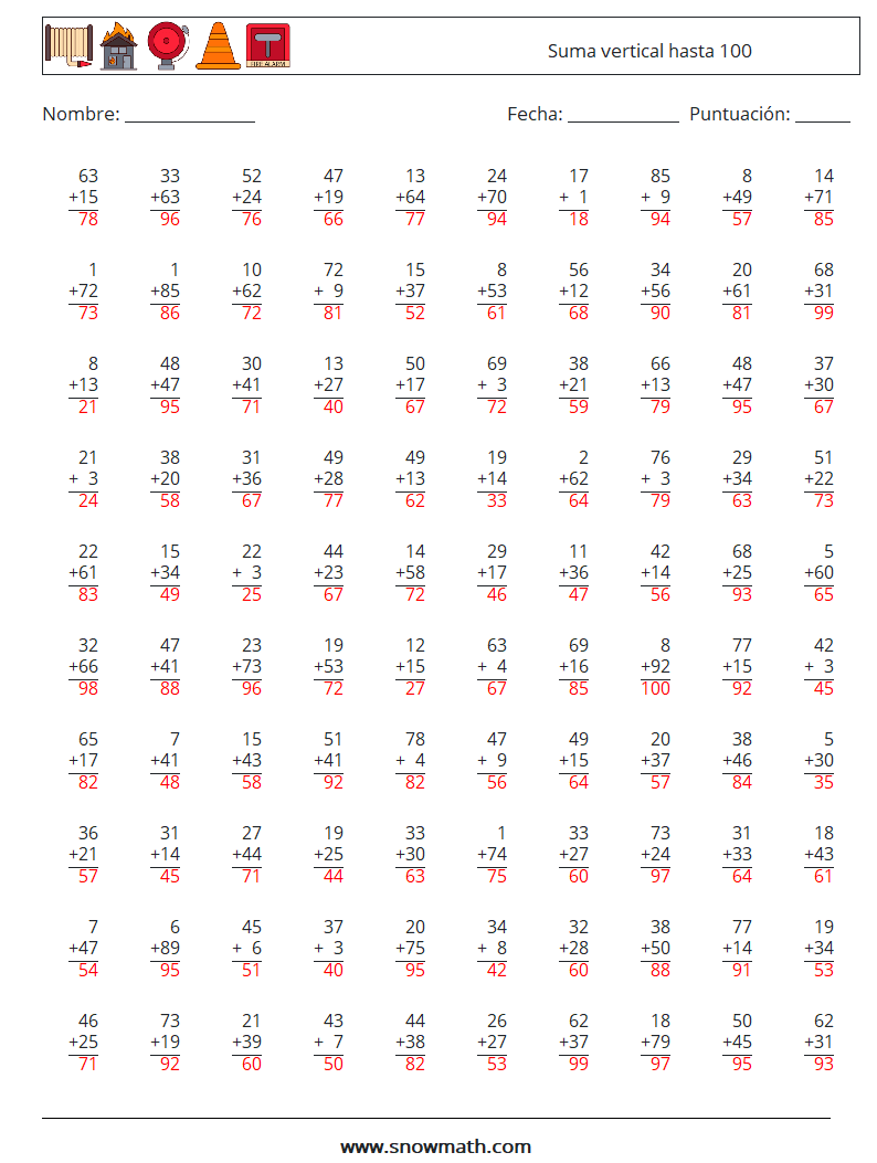 (100) Suma vertical hasta 100 Hojas de trabajo de matemáticas 13 Pregunta, respuesta