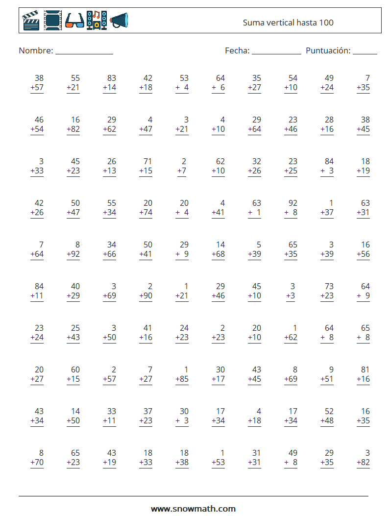 (100) Suma vertical hasta 100 Hojas de trabajo de matemáticas 14