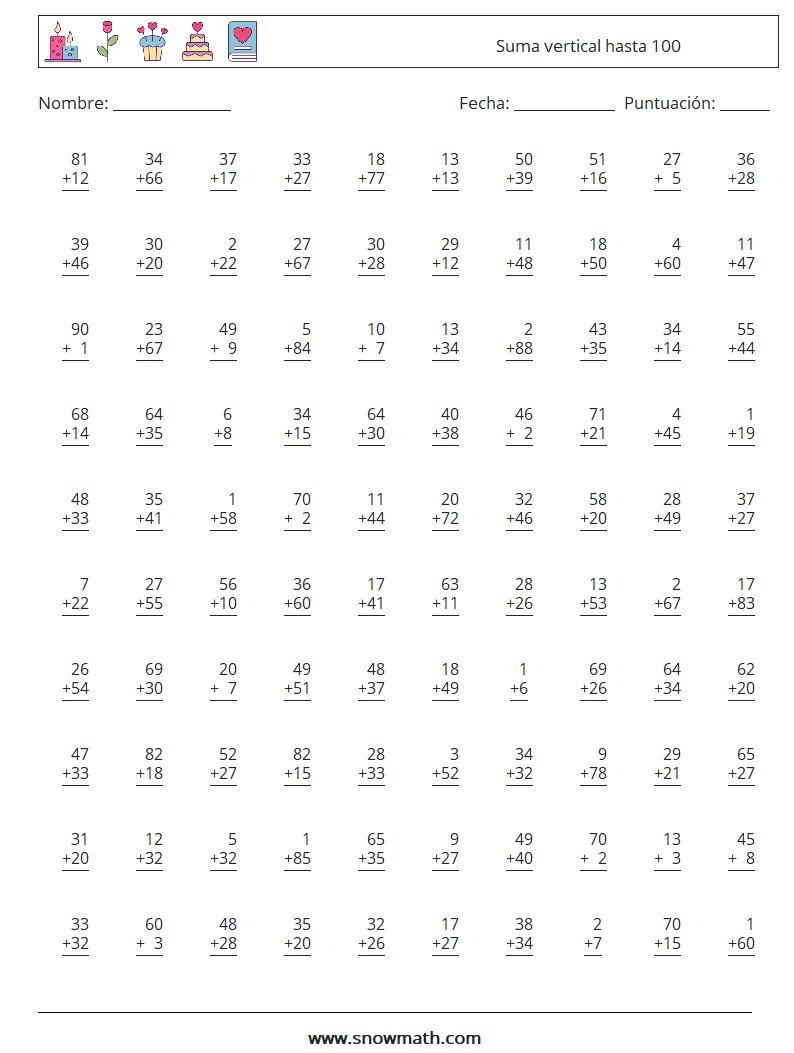 (100) Suma vertical hasta 100 Hojas de trabajo de matemáticas 15
