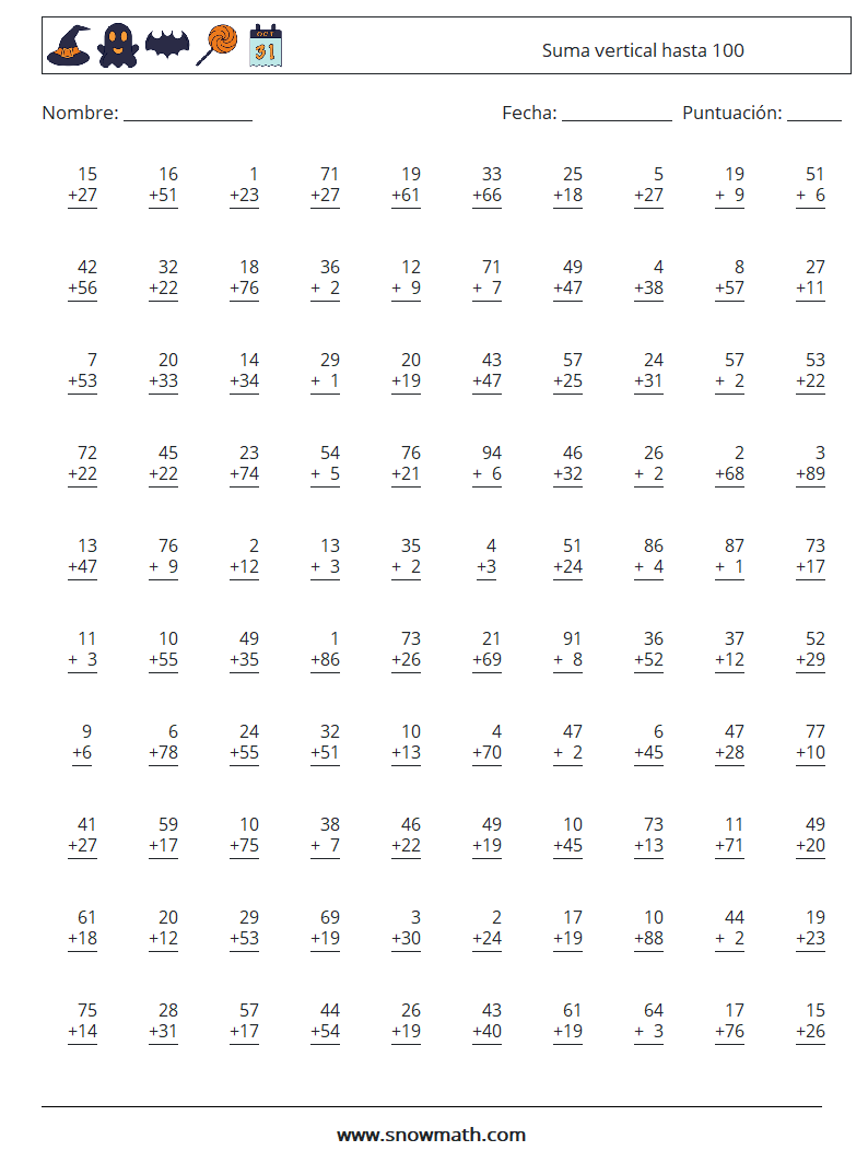 (100) Suma vertical hasta 100 Hojas de trabajo de matemáticas 18
