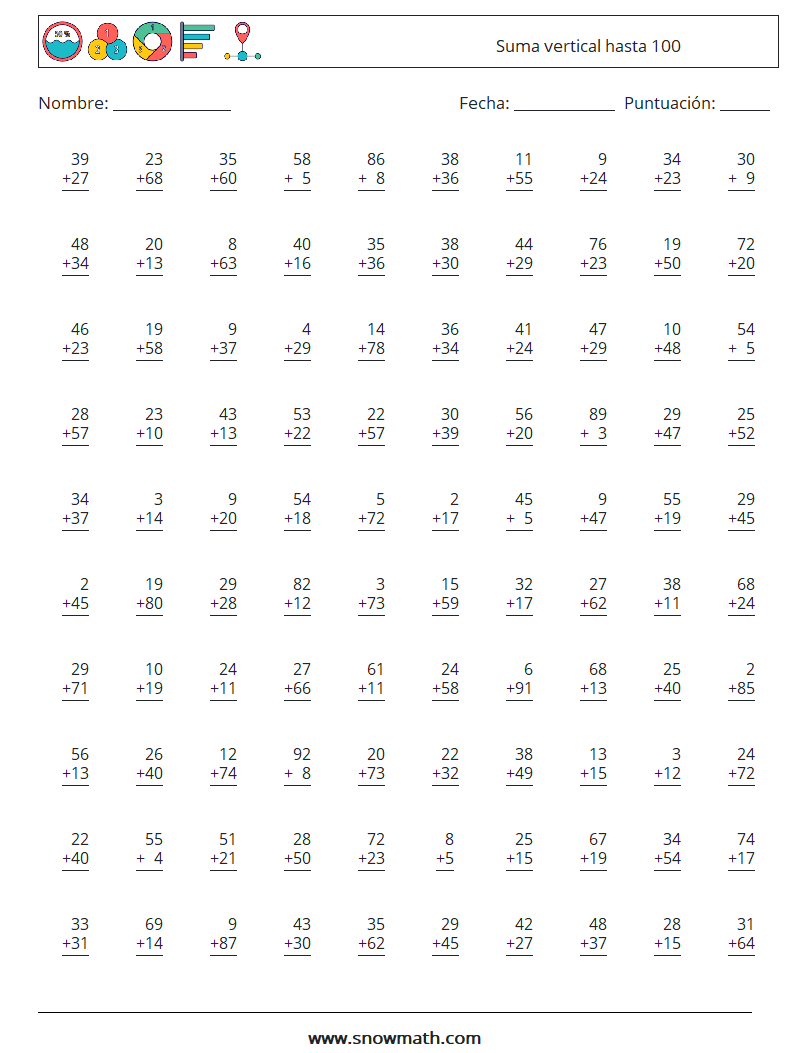 (100) Suma vertical hasta 100 Hojas de trabajo de matemáticas 2