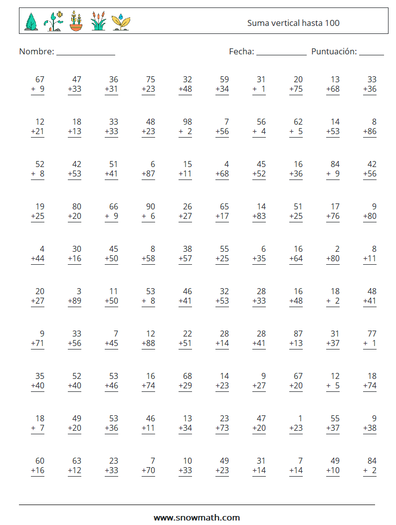 (100) Suma vertical hasta 100 Hojas de trabajo de matemáticas 4