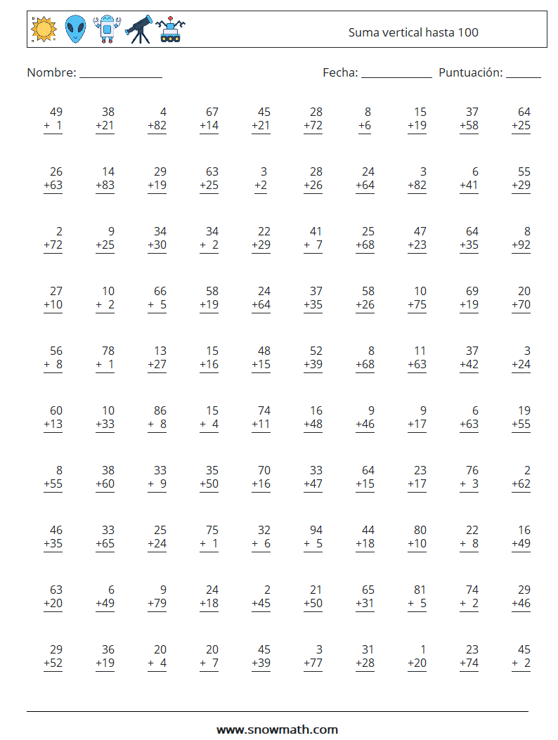 (100) Suma vertical hasta 100 Hojas de trabajo de matemáticas 5