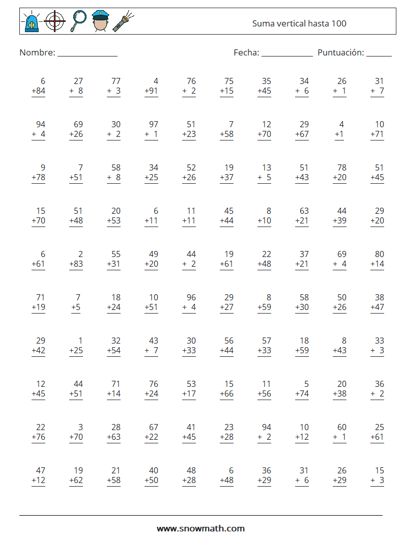 (100) Suma vertical hasta 100 Hojas de trabajo de matemáticas 8