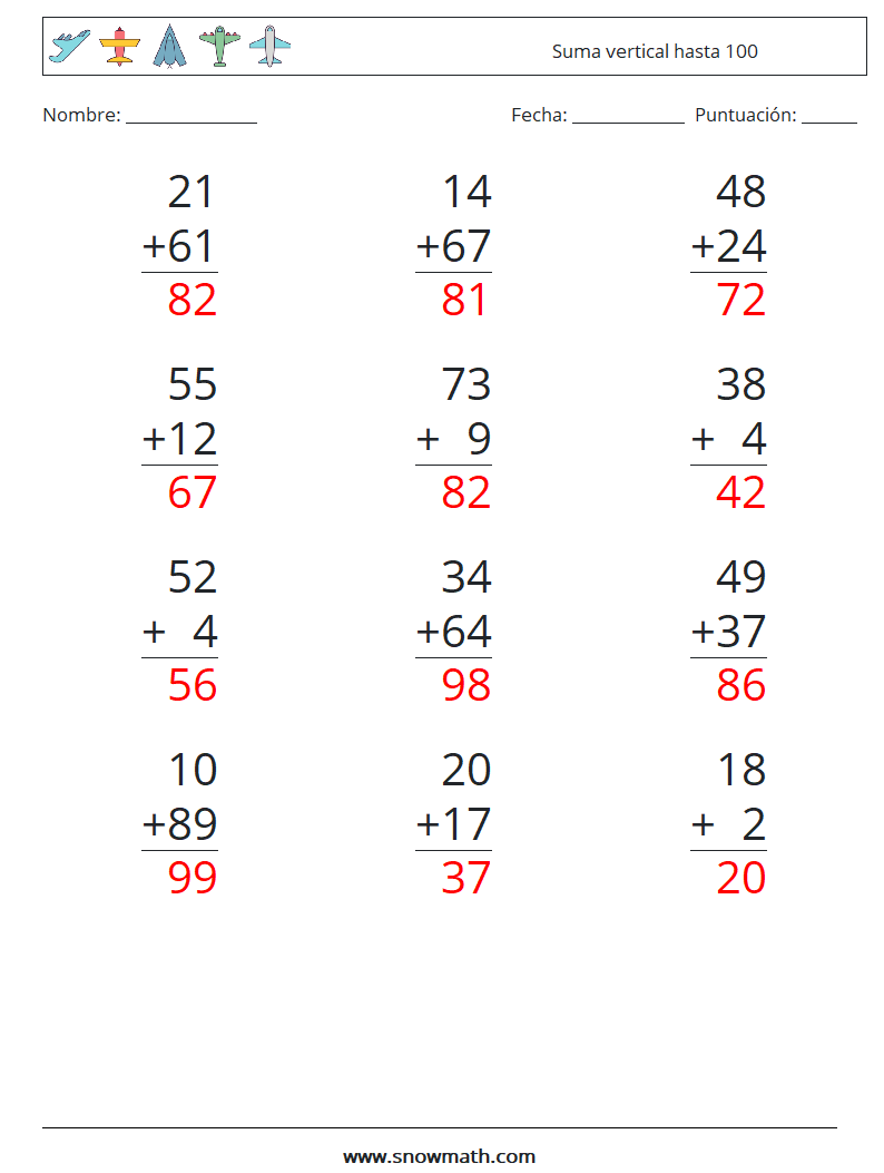 (12) Suma vertical hasta 100 Hojas de trabajo de matemáticas 10 Pregunta, respuesta