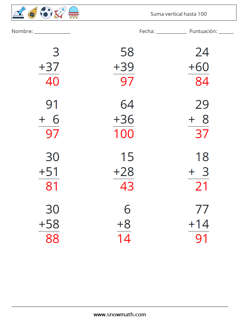 (12) Suma vertical hasta 100 Hojas de trabajo de matemáticas 13 Pregunta, respuesta