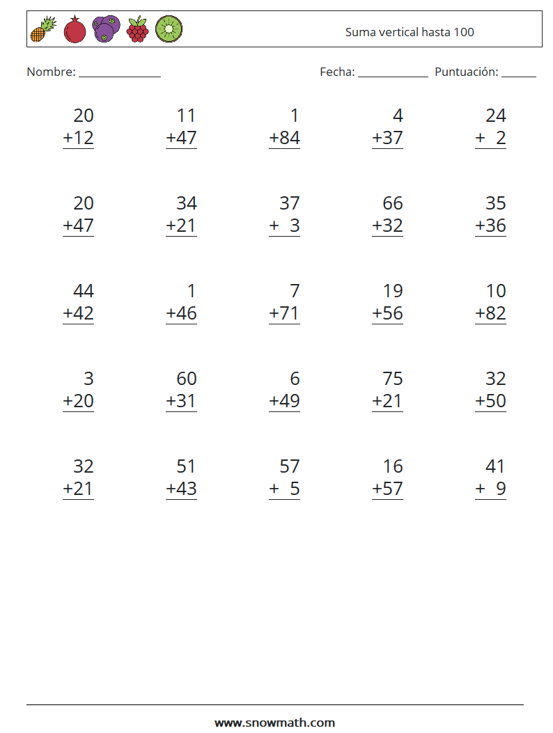 (25) Suma vertical hasta 100 Hojas de trabajo de matemáticas 10