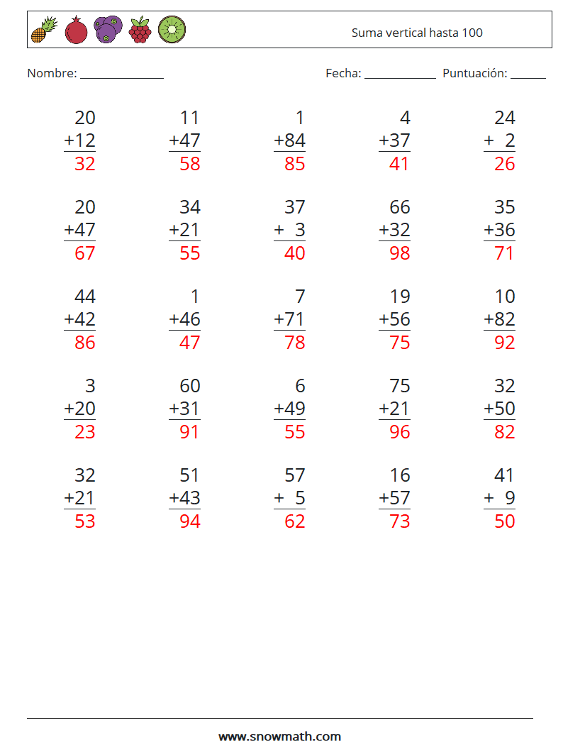 (25) Suma vertical hasta 100 Hojas de trabajo de matemáticas 10 Pregunta, respuesta