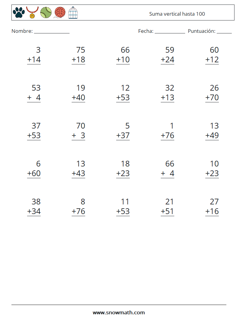 (25) Suma vertical hasta 100 Hojas de trabajo de matemáticas 11