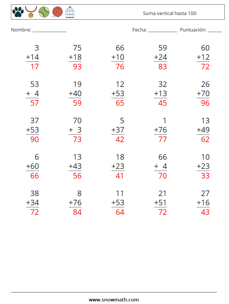 (25) Suma vertical hasta 100 Hojas de trabajo de matemáticas 11 Pregunta, respuesta