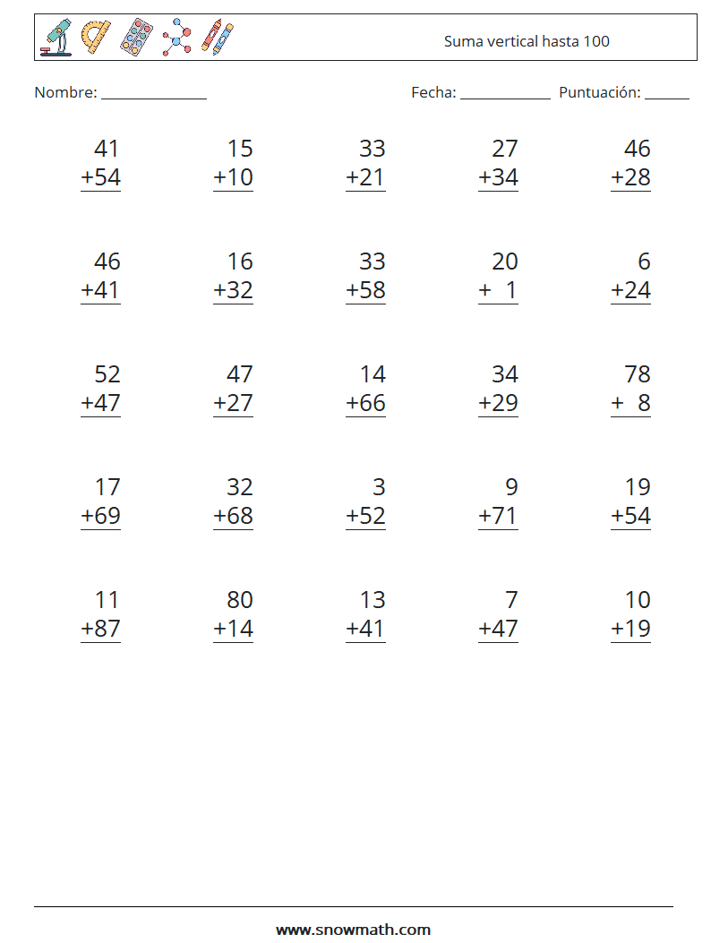 (25) Suma vertical hasta 100 Hojas de trabajo de matemáticas 12