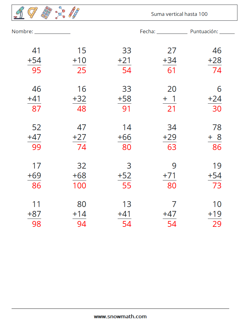 (25) Suma vertical hasta 100 Hojas de trabajo de matemáticas 12 Pregunta, respuesta