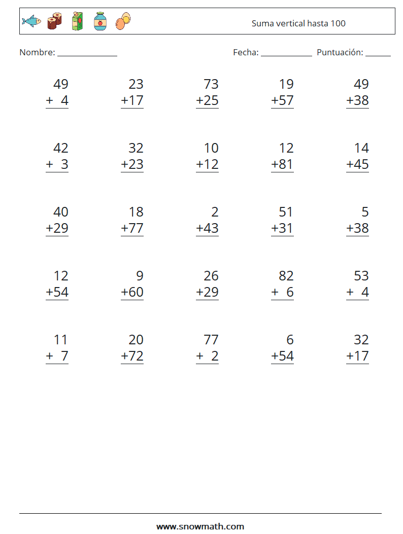 (25) Suma vertical hasta 100 Hojas de trabajo de matemáticas 13
