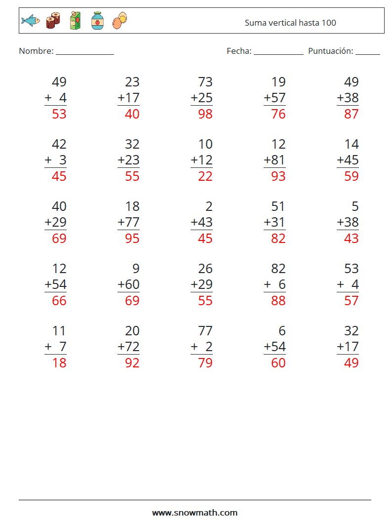 (25) Suma vertical hasta 100 Hojas de trabajo de matemáticas 13 Pregunta, respuesta