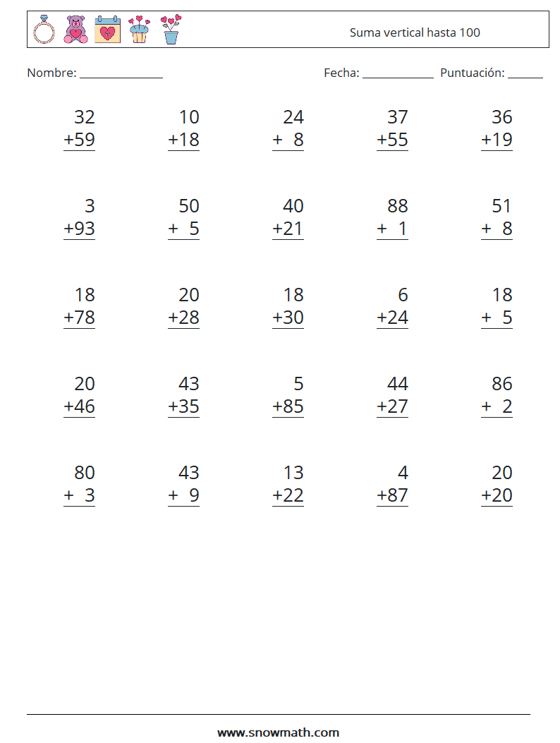 (25) Suma vertical hasta 100 Hojas de trabajo de matemáticas 14