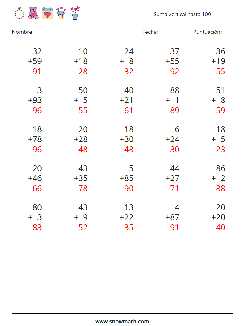 (25) Suma vertical hasta 100 Hojas de trabajo de matemáticas 14 Pregunta, respuesta