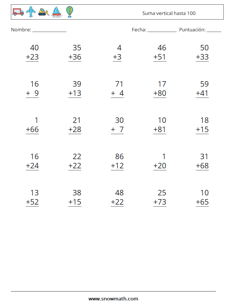 (25) Suma vertical hasta 100 Hojas de trabajo de matemáticas 15