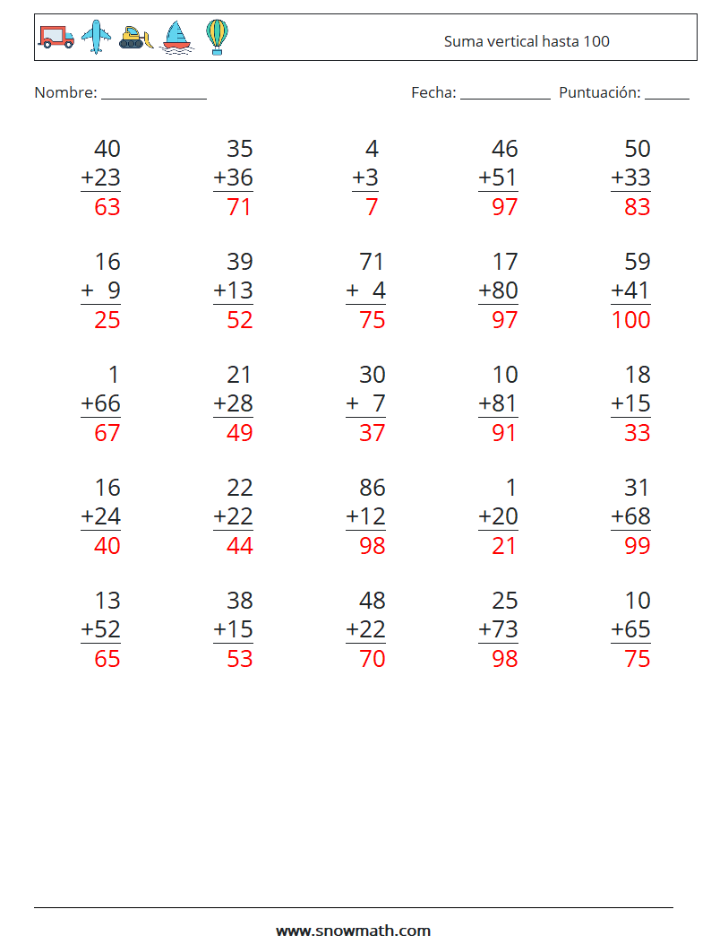 (25) Suma vertical hasta 100 Hojas de trabajo de matemáticas 15 Pregunta, respuesta
