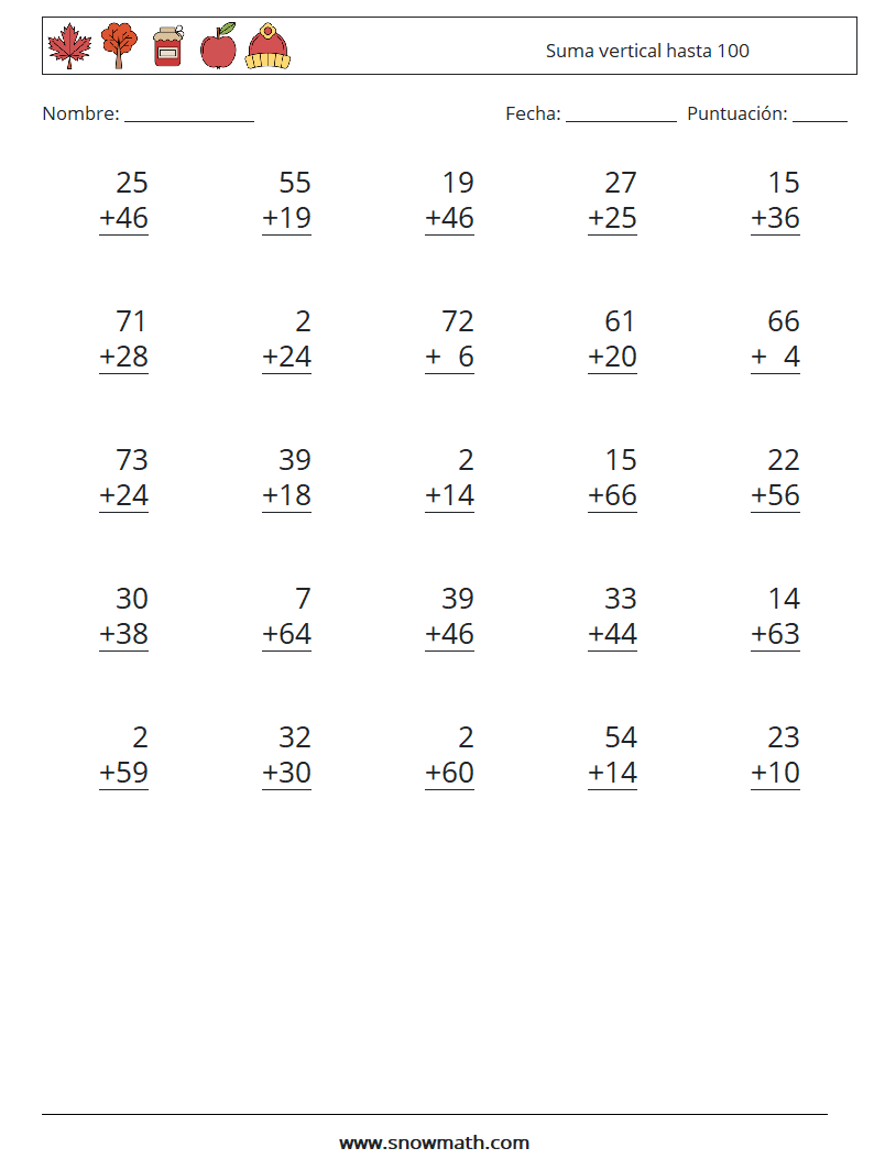(25) Suma vertical hasta 100 Hojas de trabajo de matemáticas 16