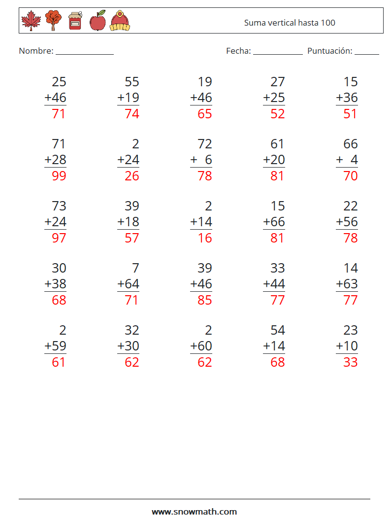 (25) Suma vertical hasta 100 Hojas de trabajo de matemáticas 16 Pregunta, respuesta