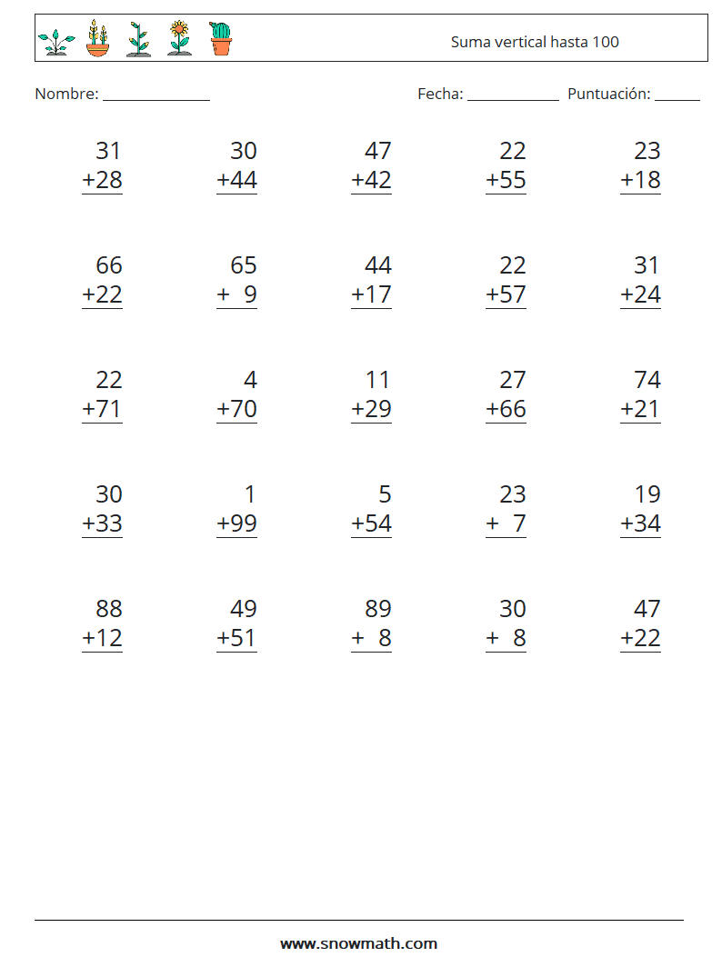 (25) Suma vertical hasta 100 Hojas de trabajo de matemáticas 17