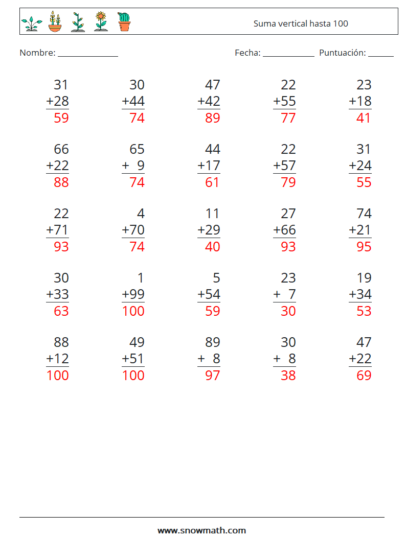 (25) Suma vertical hasta 100 Hojas de trabajo de matemáticas 17 Pregunta, respuesta