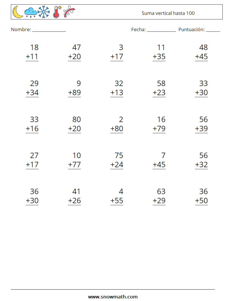 (25) Suma vertical hasta 100 Hojas de trabajo de matemáticas 18