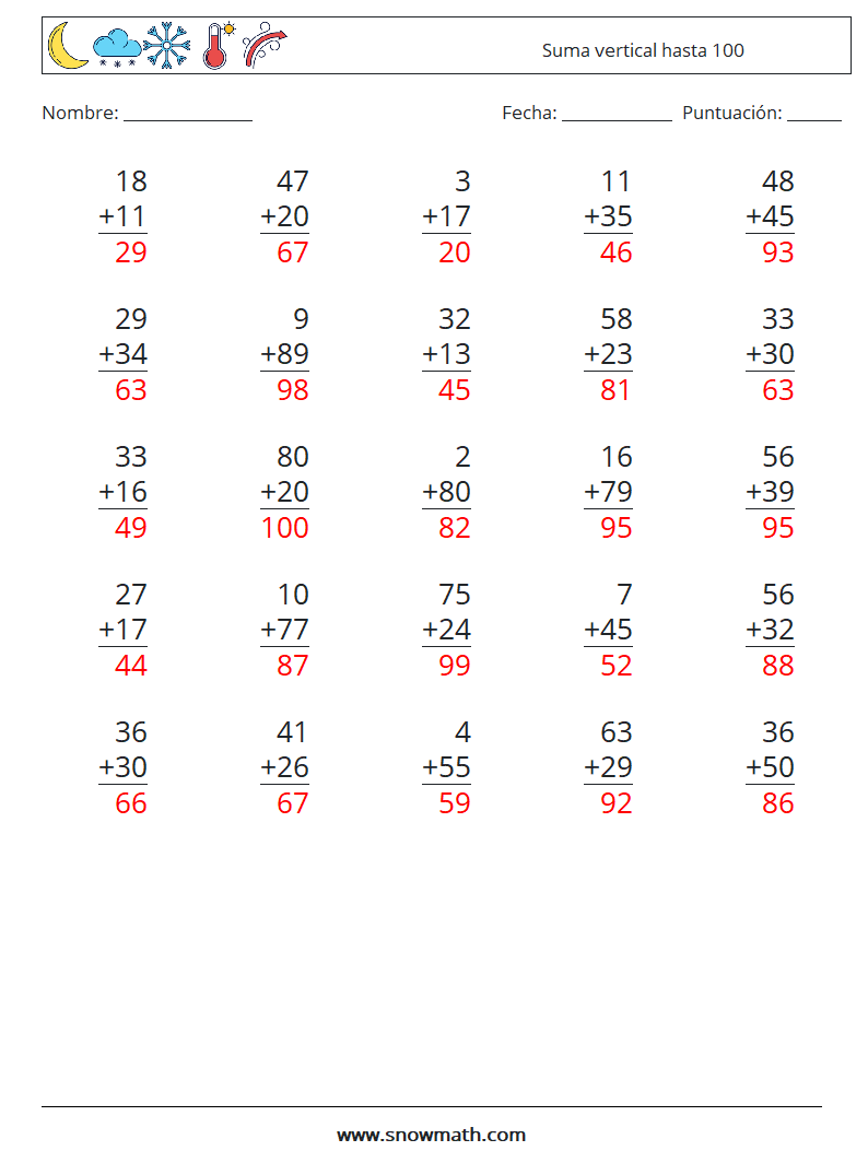 (25) Suma vertical hasta 100 Hojas de trabajo de matemáticas 18 Pregunta, respuesta