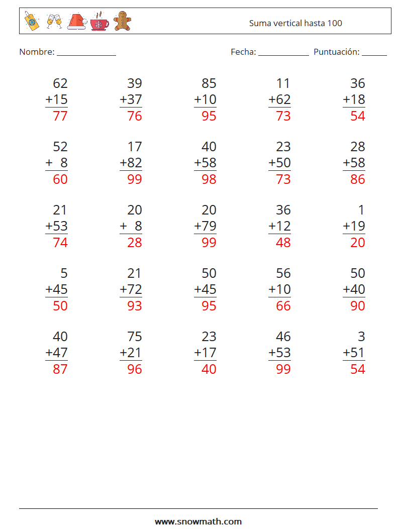 (25) Suma vertical hasta 100 Hojas de trabajo de matemáticas 1 Pregunta, respuesta