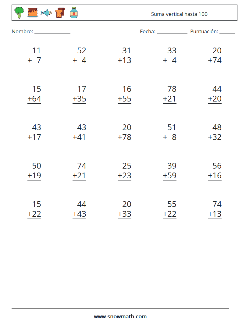 (25) Suma vertical hasta 100 Hojas de trabajo de matemáticas 2