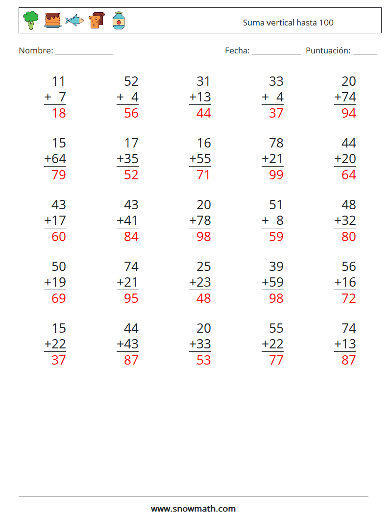 (25) Suma vertical hasta 100 Hojas de trabajo de matemáticas 2 Pregunta, respuesta