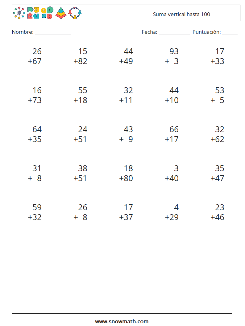 (25) Suma vertical hasta 100 Hojas de trabajo de matemáticas 3