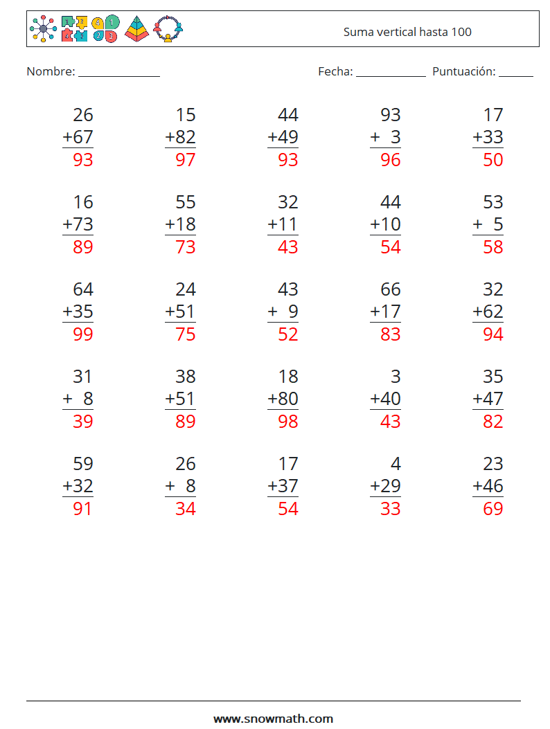 (25) Suma vertical hasta 100 Hojas de trabajo de matemáticas 3 Pregunta, respuesta