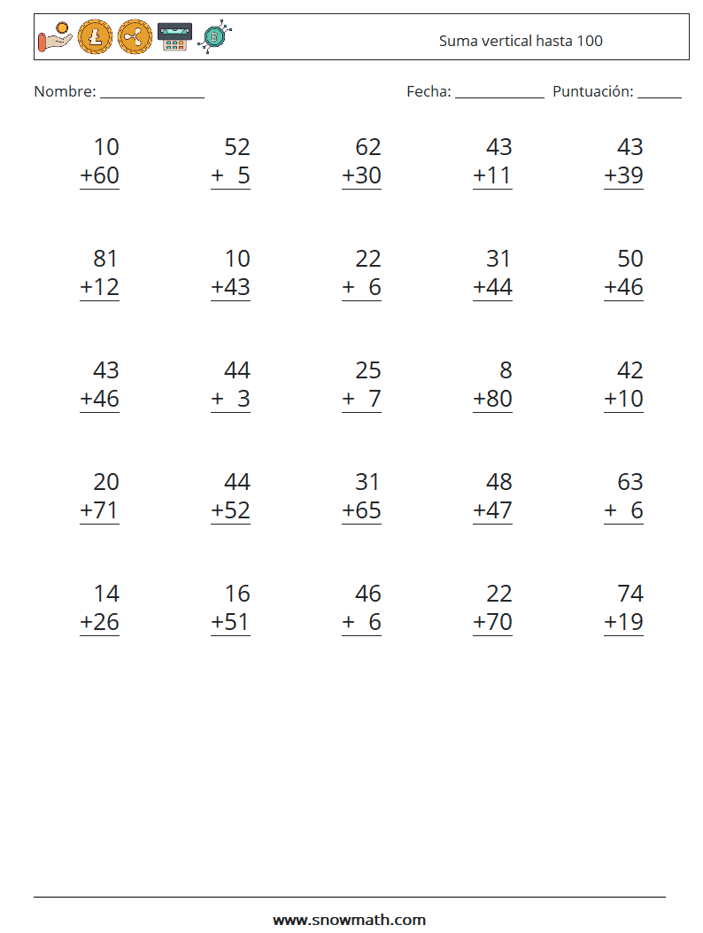 (25) Suma vertical hasta 100 Hojas de trabajo de matemáticas 4