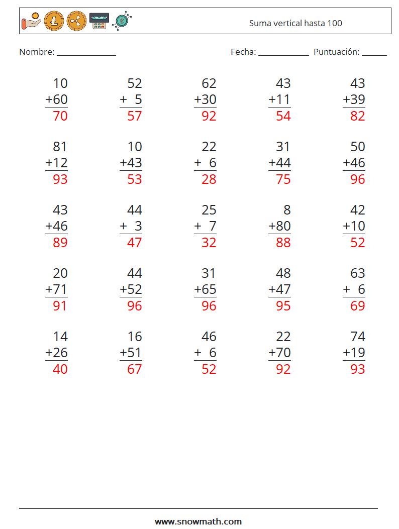 (25) Suma vertical hasta 100 Hojas de trabajo de matemáticas 4 Pregunta, respuesta