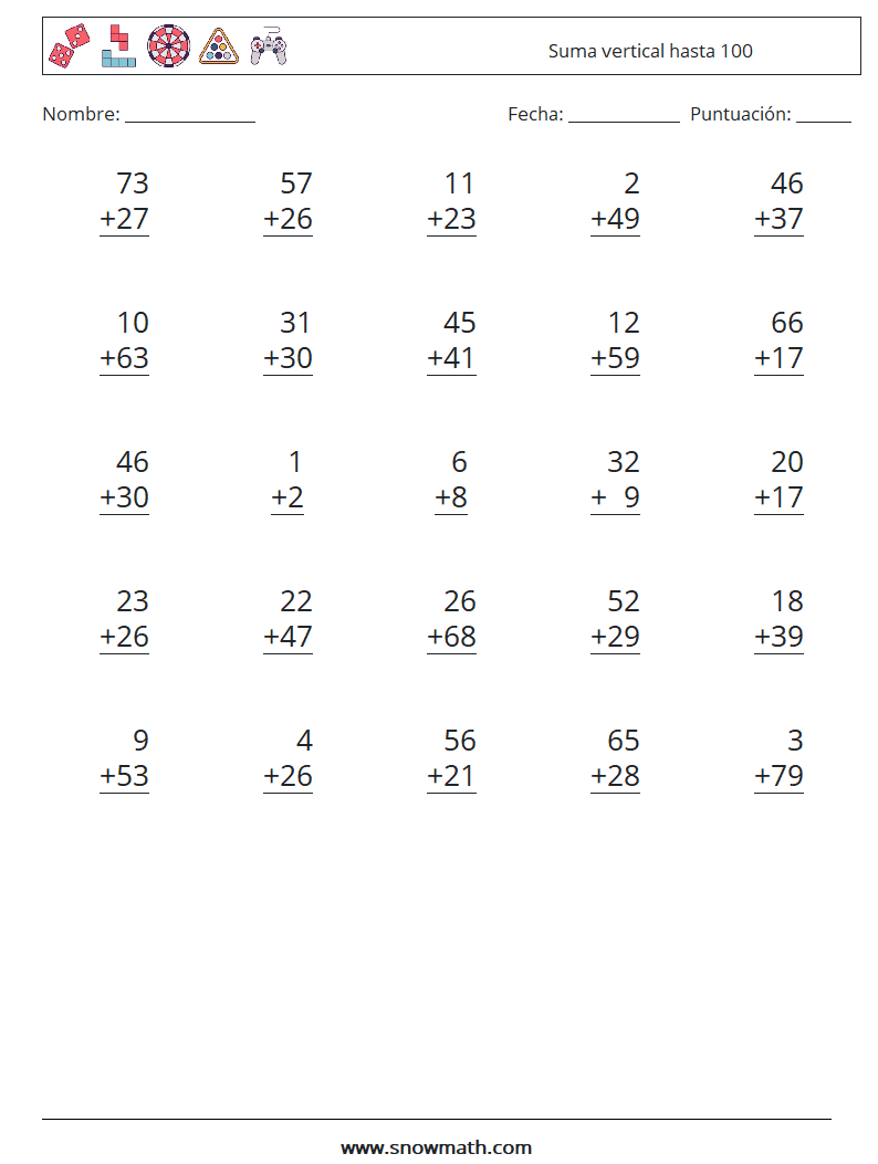 (25) Suma vertical hasta 100 Hojas de trabajo de matemáticas 5