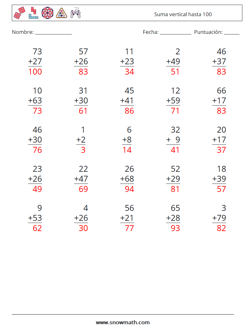 (25) Suma vertical hasta 100 Hojas de trabajo de matemáticas 5 Pregunta, respuesta