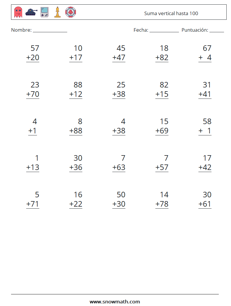(25) Suma vertical hasta 100 Hojas de trabajo de matemáticas 6
