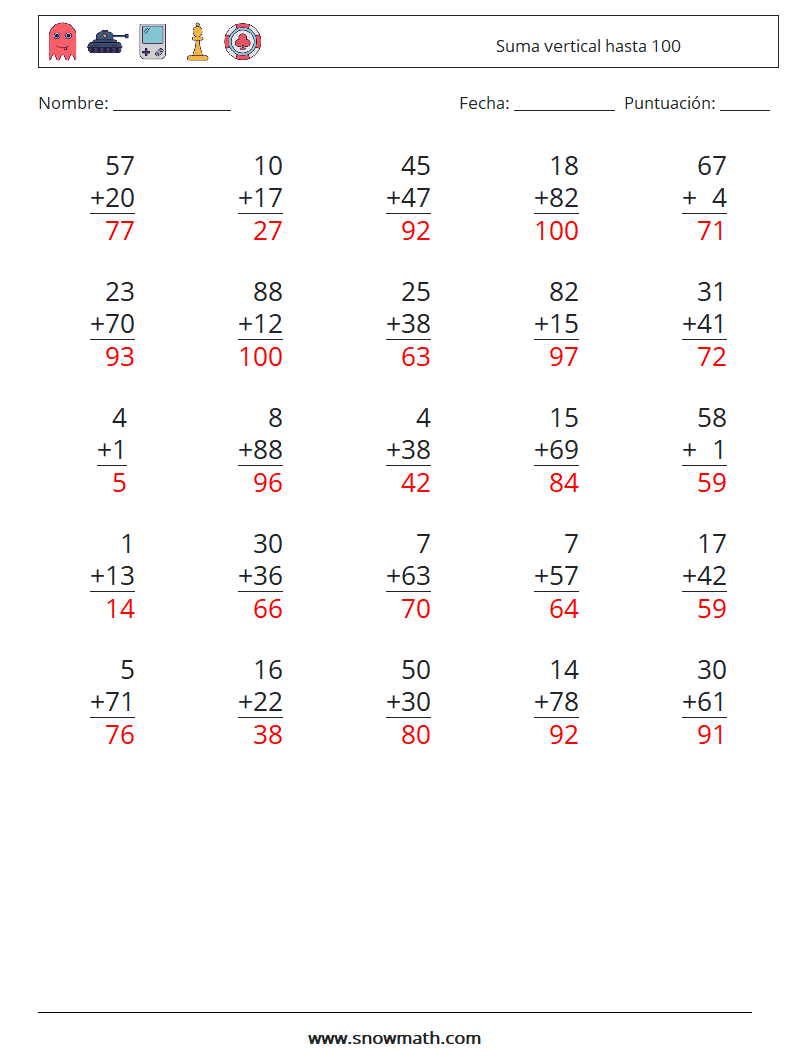 (25) Suma vertical hasta 100 Hojas de trabajo de matemáticas 6 Pregunta, respuesta