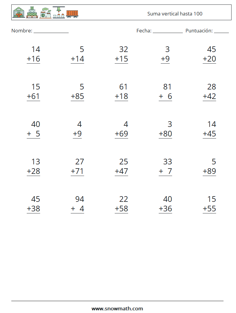 (25) Suma vertical hasta 100 Hojas de trabajo de matemáticas 7