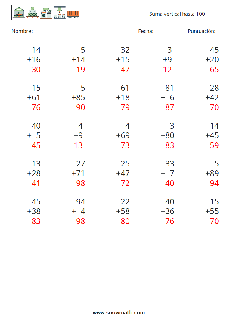 (25) Suma vertical hasta 100 Hojas de trabajo de matemáticas 7 Pregunta, respuesta