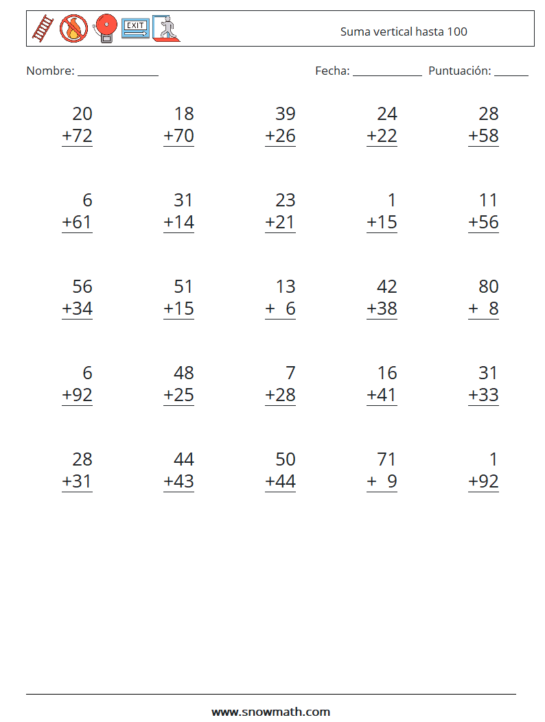 (25) Suma vertical hasta 100 Hojas de trabajo de matemáticas 8