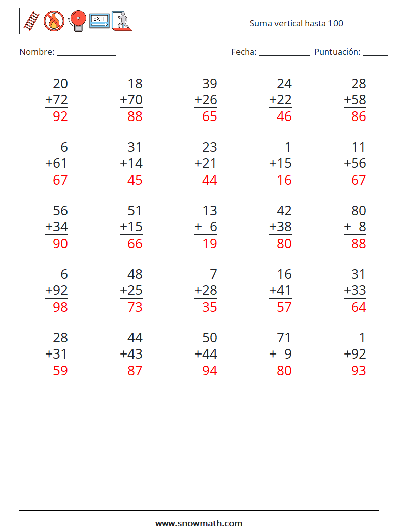 (25) Suma vertical hasta 100 Hojas de trabajo de matemáticas 8 Pregunta, respuesta